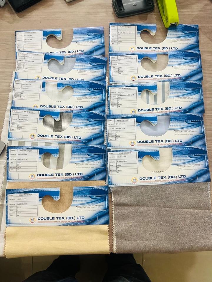 Double Tex hanger cards with mounted fabric swatches and printed specification tickets